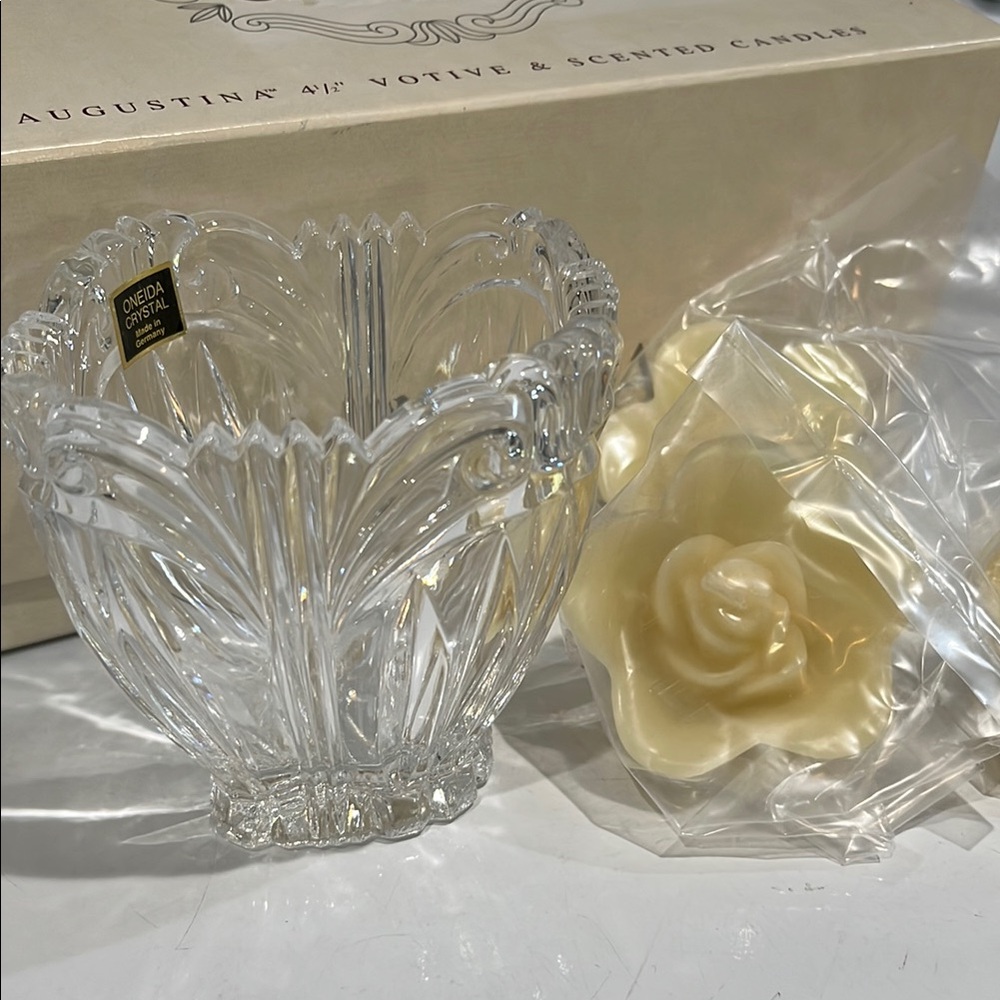 NEW Oneida Crystal vintage Votive Holder with Cream Rose Candle